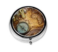 Pilulier de voyage rond avec boussole et carte du monde - Joli petit pilulier de poche en métal pour homme et femme - 3 compartiments - Organiseur portable pour sac à main ou poche