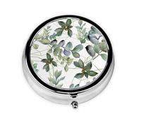 Pilulier de voyage rond avec feuilles d'eucalyptus vertes imprimées - Joli petit pilulier de poche en métal pour homme et femme - 3 compartiments - Organiseur portable pour sac à main ou poche