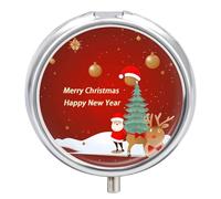 Pilulier de voyage rond avec inscription « Merry Christmas and Happy New Year » - 23 compartiments - En métal - Pour médicaments et vitamines