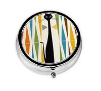 Pilulier de voyage rond du milieu du siècle - Art moderne - Motif chat - Joli petit pilulier de poche en métal pour homme et femme - 3 compartiments - Pilulier portable pour sac à main ou poche