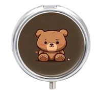 Pilulier de voyage rond en métal avec 3 compartiments - Motif ours mignon - Marron