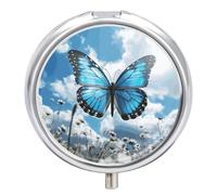 Pilulier de voyage rond en métal avec 3 compartiments Motif papillon bleu et nuages