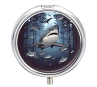 Pilulier de voyage rond en métal avec motif requin amusant - 3 compartiments - Pour sac à main