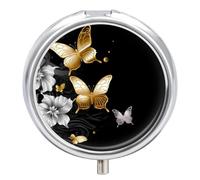 Pilulier de voyage rond en métal doré et blanc avec 3 compartiments Motif papillons et papillons noirs