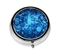 Pilulier de voyage rond en métal imprimé notes de musique bleues pour homme et femme 3 compartiments pour sac à main ou poche