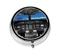 Pilulier de voyage rond imprimé cockpit d'avion mignon petite poche en métal pour homme et femme 3 compartiments pilulier portable pour sac à main ou poche