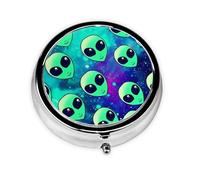 Pilulier de voyage rond imprimé extraterrestre vert mignon petite poche en métal pour homme et femme 3 compartiments pilulier portable pour sac à main ou poche