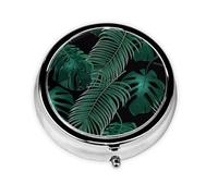 Pilulier de voyage rond imprimé feuille de bananier vert mignon petite poche en métal pour homme et femme 3 compartiments pilulier portable pour sac à main ou poche