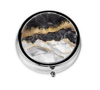 Pilulier de voyage rond noir blanc et feuille d'or imprimé marbre mignon petite poche en métal pour homme et femme 3 compartiments pilulier portable pour sac à main ou poche