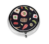 Pilulier de voyage rond noir imprimé sushi japonais mignon petite poche en métal pour homme et femme 3 compartiments pilulier portable pour sac à main ou poche