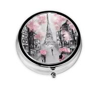 Pilulier de voyage rond Paris Street Tour Eiffel rose imprimé floral mignon petite poche en métal pour homme et femme 3 compartiments pour sac à main ou poche