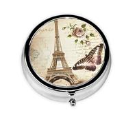 Pilulier de voyage rond vintage Paris Tour Eiffel papillon imprimé mignon petite poche en métal pour homme et femme 3 compartiments portable pour sac à main ou poche