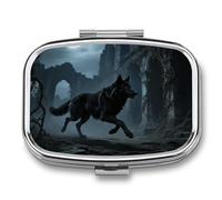 Pilulier de voyage sur le thème du loup lunaire - 2 compartiments - Avec miroir - Pour sac à main, poche ou portefeuille