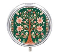 Pilulier de voyage vert arbre de vie pour sac à main, organiseur de médicaments hebdomadaire avec miroir, 3 compartiments ronds, pilulier portable pour le quotidien