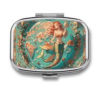 Pilulier de voyage vintage avec carte des sirènes - 2 compartiments - Design miroir - Pilulier portable pour poche ou sac à main - Boîte à médicaments hebdomadaire