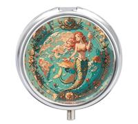 Pilulier de voyage vintage avec carte des sirènes - 3 compartiments - Design miroir - Pilulier portable pour poche ou sac à main - Boîte à pharmacie ronde pour médicaments hebdomadaires