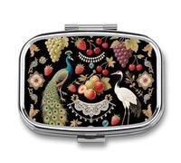 Pilulier de voyage vintage imprimé fruits et oiseaux, pilulier hebdomadaire à 2 compartiments avec miroir pour sac à main, poche ou portefeuille