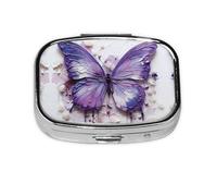 Pilulier de voyage violet à 2 compartiments avec motif papillon et peinture à l'huile