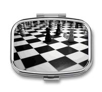 Pilulier d'échecs en damier noir et blanc avec miroir, pilulier de voyage en métal à 2 compartiments pour médicaments quotidiens, design compact et artistique pour sac à main, poche ou portefeuille