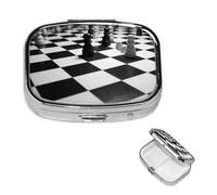 Pilulier d'échecs en forme de damier noir et blanc à 2 compartiments, petite boîte à pilules pour sac à main et poche, pilulier en métal avec miroir, pilulier quotidien de voyage, support de vitamines
