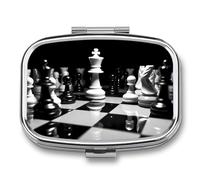 Pilulier d'échecs noir et blanc à 2 compartiments portable avec miroir carré en métal pour ranger les médicaments, les vitamines et l'huile de poisson