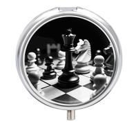 Pilulier d'échecs noir et blanc à 3 compartiments avec miroir pour sac à main et poche, organisateur de médicaments de voyage, récipient à médicaments quotidien, boîte à médicaments ronde en métal