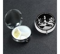 Pilulier d'échecs noir et blanc à 3 compartiments en métal portable pour poche ou sac à main, boîte à médicaments ronde décorative