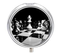 Pilulier d'échecs noir et blanc à 3 compartiments - Petit pilulier quotidien - Pilulier de voyage rond en métal pour sac à main