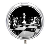 Pilulier d'échecs noir et blanc à 3 compartiments portable avec miroir rond en métal pour ranger des médicaments, des vitamines et de l'huile de poisson