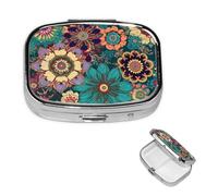 Pilulier décoratif à 2 compartiments en forme de fleur bohème avec miroir - Pour sac à main ou poche - Petit pilulier carré en métal - Pour médicaments et vitamines - Cadeau de voyage