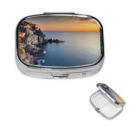 Pilulier décoratif à 2 compartiments pour sac à main ou poche, petit pilulier carré en métal avec miroir Motif mer au coucher du soleil