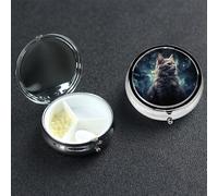 Pilulier décoratif à 3 compartiments avec miroir - Motif chat dans une nébuleuse - Pour sac à main ou poche - Petit pilulier rond en métal - Cadeau de voyage