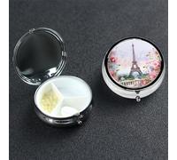 Pilulier décoratif à 3 compartiments avec miroir - Tour Eiffel Paris avec fleurs - Pour sac à main ou poche - Petit pilulier rond en métal - Cadeau de voyage