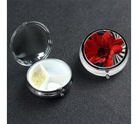 Pilulier décoratif à 3 compartiments en forme de fleur rouge avec miroir, pour sac à main ou poche, petit pilulier rond, en métal, pour médicaments et vitamines, cadeau de voyage
