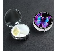 Pilulier décoratif à 3 compartiments en métal avec miroir - Motif papillon bleu et violet - Pour sac à main ou poche - Petit pilulier rond en métal - Cadeau de voyage