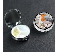 Pilulier décoratif à 3 compartiments pour sac à main ou poche, petit pilulier rond en métal avec imprimé floral et rouge-gorge avec miroir, cadeau de voyage