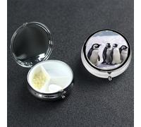 Pilulier décoratif à 3 compartiments pour sac à main ou poche - Petit pilulier rond en métal - Cadeau de voyage - Jeunes pingouins avec miroir - Avec miroir