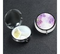 Pilulier décoratif à 3 compartiments pour sac à main ou poche - Petit pilulier rond en métal - Motif fleurs lilas en fleurs - Cadeau de voyage