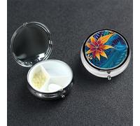Pilulier décoratif à motif de feuilles tropicales pour sac à main ou poche - Petit pilulier rond en métal - Avec miroir - 3 compartiments - Cadeau de voyage