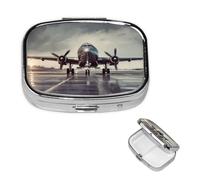 Pilulier décoratif en forme d'avion avec miroir - 2 compartiments - Pour sac à main ou poche - Petit pilulier carré en métal - Pour médicaments et vitamines - Cadeau de voyage