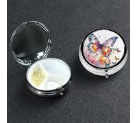 Pilulier décoratif en forme de papillon aquarelle avec miroir - 3 compartiments - Pour sac à main ou poche - Petit pilulier rond en métal - Cadeau de voyage