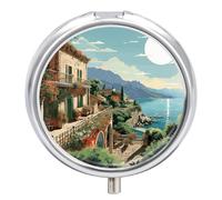 Pilulier d'été méditerranéen à 3 compartiments étanche avec miroir, récipient rond en métal, organisateur de médicaments portable pour poche et sac à main de voyage