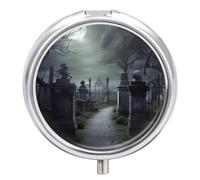 Pilulier effrayant pour cimetière - 3 compartiments - Petit pilulier quotidien - Pilulier de voyage rond en métal pour sac à main