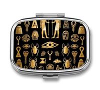 Pilulier égyptien antique à 2 compartiments carré en métal - Mini étui à médicaments de voyage avec miroir - Joli porte-médicaments pour sac à main de poche