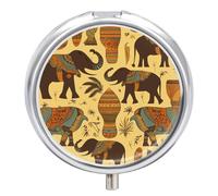 Pilulier éléphant d'Afrique 3 compartiments portable avec miroir rond en métal pour ranger les médicaments, les vitamines et l'huile de poisson