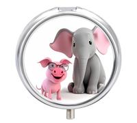 Pilulier éléphant et cochon - Pilulier de voyage à 3 compartiments avec petit miroir, pilulier portable pour poche et sac à main, joli étui à médicaments rond, récipient à médicaments hebdomadaire