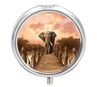 Pilulier éléphant sur un pont avec 3 compartiments - Pilulier de voyage portable pour sac à main, design à bouton facile à ouvrir, petit pilulier rond pour femmes et hommes