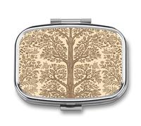 Pilulier en forme d'arbre de style beige à 2 compartiments, pilulier portable avec miroir pour poche, sac à main, voyage, mini organisateur de médicaments en métal pour vitamines, huile de poisson