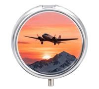 Pilulier en forme d'avion au coucher du soleil - 3 compartiments - Rond - En métal - Portable - Mini étui de voyage avec miroir - Joli récipient à médicaments pour sac à main de poche