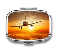 Pilulier en forme d'avion au coucher du soleil à 2 compartiments, pilulier portable avec miroir pour sac à main, voyage, mini organisateur de médicaments en métal pour vitamines, huile de poisson